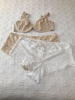 Cacique Lace Plunge Unlined Bra Beige and White Lace Boyshorts Size 42C 18/20